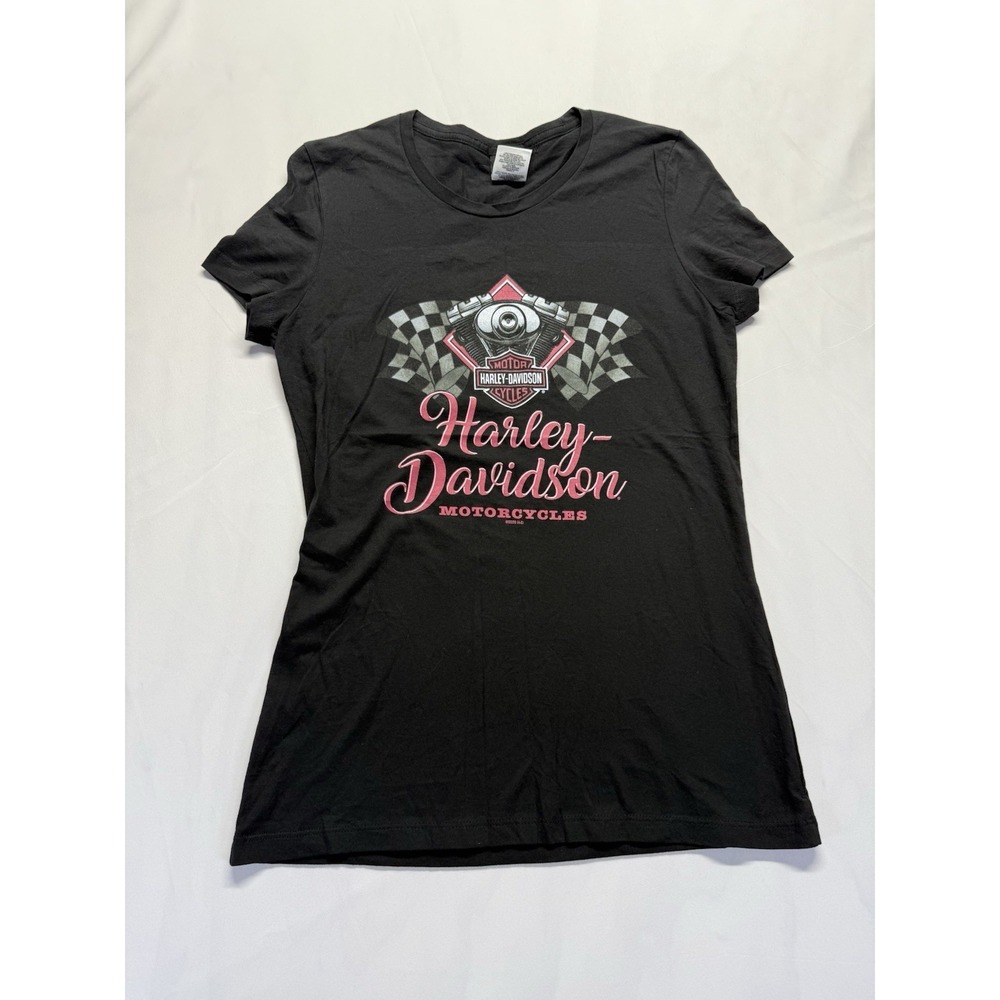 Harley-Davidson Shirt Womens Medium Black Checkered Engine Logo Motorcycle Tee
